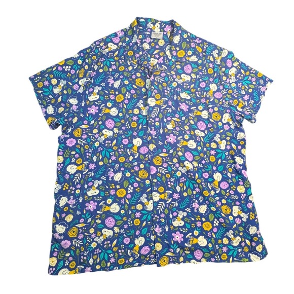 Peanuts Other - Peanuts Snoopy Charlie Brown Floral Rayon Button Down Shirt Blue Mens XL Camp